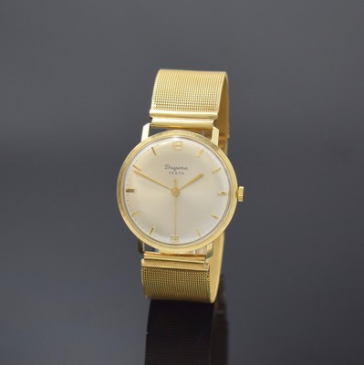 DUGENA Festa Herrenarmbanduhr in GG 585/000, Schweiz um 1965, Handaufzug, Boden aufgedr., Goldband in GG 750/000, silb. Zifferbl. m. gold. Std.-Ind., ...