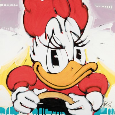 Wolfgang Loesche, geb. 1947 Gotha, Daisy Duck, Acryl/Lwd, rechts unten monogr., rückseitig signiert und dat. 98, ca. 70x70cm, R. ca. 82x82cm