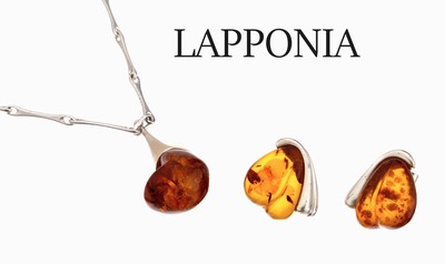 LAPPONIA Bernstein-Schmuckset, 925er Silber, Finnland, 1994, best. aus: 1 Collier, L. ca. 52 cm, aus länglichen Stäben, länglicher Anhänger mit ...