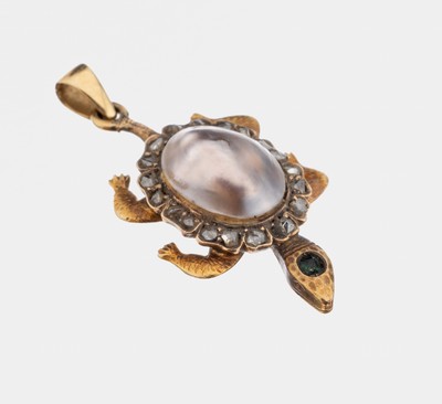 14 kt Gold Perl-Diamant-Anhänger, "Schildkröte", um 1880-90, GG 585/000 gepr., feine Verarbeitung, unrunde silbergrauePerle als Panzer, ...