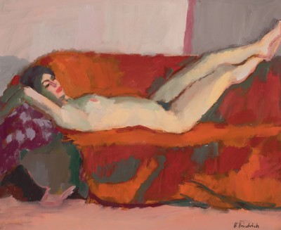 Heinz Friedrich, 1924-2018 Schwetzingen, liegender weiblicher Akt, Öl/Lwd, rechts unten signiert, ca. 50x60cm, R. ca. 60x70cm, dieser leicht besch.