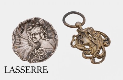 Jugendstil Konvolut, um 1900, best. aus: 1 Brosche, 925er Silber, England Birmingham, 1900, Darstellung einer jungen Dame, Entwurf Lasserre, ...