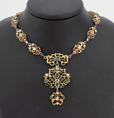 Collier, Siebenbürgen um 1880, Silber verg., Glieder bes. mit farbigen Glassteinen und kl. Halbperlen, L. ca. 42 cm, Kastenschloss mit ...