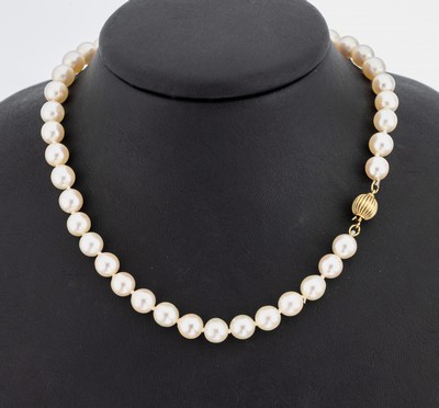 Zuchtperl-Collier mit 14 kt Gold Schließe, GG 585/000, Akoyazuchtperlen, D. ca. 7.6 mm, L. ca. 59 cm, Kugelschließe