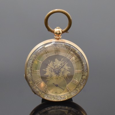 Offene Herrentaschenuhr mit Schlüsselaufzug in GG 585/000 Nr. 73288, Schweiz für den englischen Markt um 1880, guill. Geh. m. offenem ...