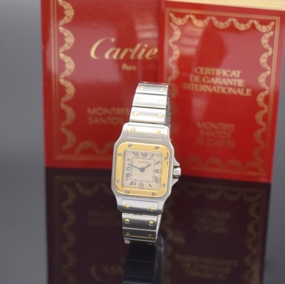 CARTIER Santos Damenarmbanduhr in Stahl/Gold Referenz 1057930, Schweiz um 1995, quarz, Boden 8-fach verschr., orig. Gliederband m. dopp. Faltschl., ...