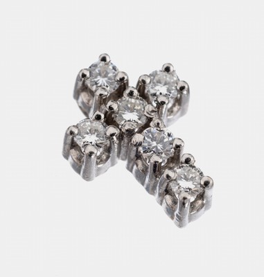 14 kt Gold Brillant-Kreuzanhänger, WG 585/000, 6 Brillanten zus. ca. 0.15 ct feines Weiß-Weiß/vs-si, zierlich