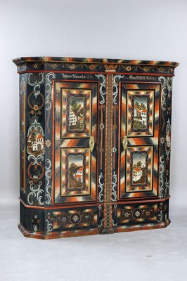Bauernschrank, dat. 1811, Bodenseeraum, orig. Bodensee-Malerei, Schrank in zwei Hälften zusammengesteckt, orig. Beschläge, orig. Schlösser und 2 ...
