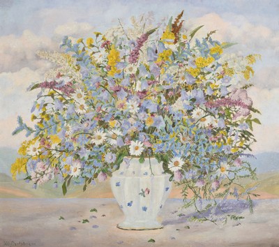 Willi Deutschmann, 1880 Oberflörsheim-1960 Petersbächel, üppiges Feldblumenstillleben vor Landschaft, links unten signiert, Öl/Platte, 66x75 cm, ...