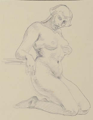 Robert Jakob Bock, 1896 Darmstadt-1943 Pirmasens, 2 Bleistift- bzw. Kohlezeichnungen, stehender männlicher Akt mitindefinitem Gegenstand, knieender ...