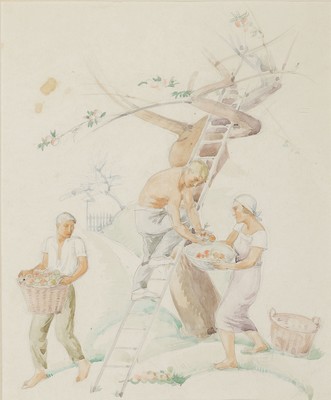 Robert Jakob Bock, 1896 Darmstadt-1943 Pirmasens, Aquarell und Bleistift auf Papier, Apfelernte, veristische Tendenz der 1930er -Jahre verso Nachlass ...
