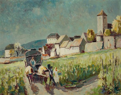 Karl Graf, 1902 Rothenburg ob der Tauber-1986 Speyer, große Weinlese vor der Kulisse von Herxheim, rechts unten signiert, Öl/Hartfaserplatte, ...