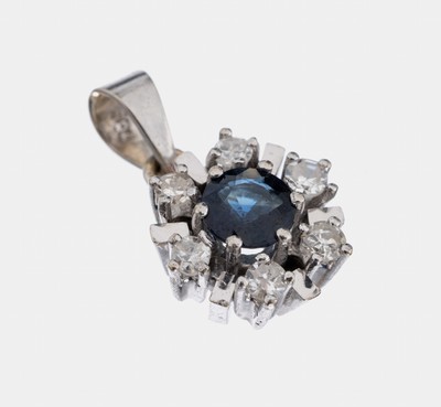 14 kt Gold Saphir-Brillant-Anhänger, WG 585/000, rundfacett. Saphir ca. 0.22 ct, 6 8/8-Diamanten zus. ca. 0.18 ct Weiß/p, ca. 1.9 g, D. ca. 9 mm