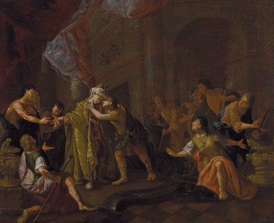 Unbekannter Künstler des 18. Jh., Joseph gibt sich seinen Brüdern zu erkennen, Öl/Lwd, altersbedingt krakeliert, ca. 64x77cm, R. ca. 76x89cm