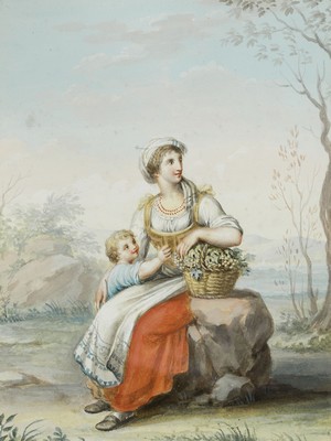 Unbekannter Künstler Anfang des 19.Jh., 2 Aquarelle, Trachtenbilder, Bauer mit Fellmantel und Hotte, Weinbäuerin mit Traubenkorb und kleinem Kind, ...