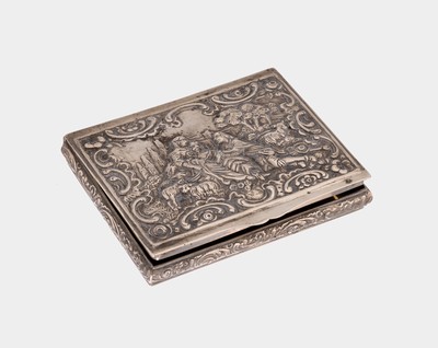 Zigarettenetui, Hanau um 1900, 800er Silber, Barockstil mit Rocaillen und Voluten, Deckel mit romantischer Darstellung, innen vergoldet, ca. 9.5 x ...