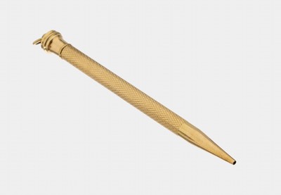 14 kt Gold Drehbleistift, wohl Österreich, GG 585/000 gepr., Oberfläche fein graviert, L.ca. 8 cm, mit Öse, ca. 8.0 g
