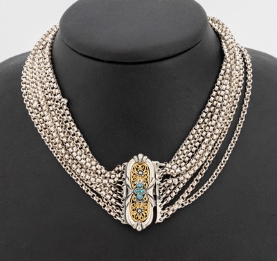 Trachten-Collier, süddeutsch, um 1910-20, 835er Silber, 9-rhg, Mittelteil teilverg., mitkl. Türkis-Cabochons, Kastenschloss, L. ca. 33cm, ca. 68.5 ...