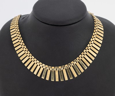 14 kt Gold Collier, GG 585/000 part. sat., längliche Glieder im Verlauf, pol. und sat. imWechsel, L. ca. 43 cm, Federringschließe, ca. 30.4 g