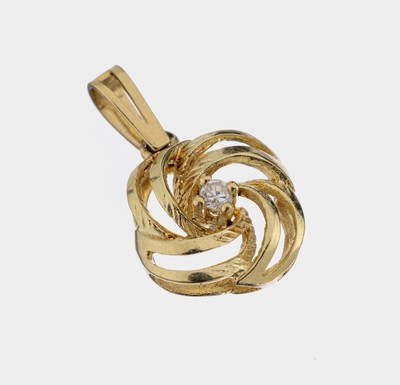 14 kt Gold Diamant-Anhänger, GG 585/000, geschwungen rund, mittig kl. 8/8-Diamant, ca. 1.4 g