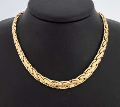 14 kt Gold Collier, GG 585/000 gepr., teilw. sat., l. Verlauf, L. ca. 46 cm, Karabinerschließe, ca. 33.9 g