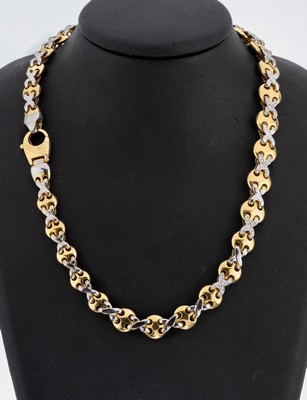 18 kt Gold Brillant-Collier, GG/WG 750/000,runde GG Glieder, gekreuzte WG-Glieder mit insg. 91 Brillanten zus. ca. 0.57 ct feines Weiß/lupenrein, ...
