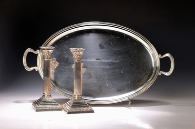 4 Teile versilbertes Tafelzubehör: ovales Tablett, bez: "Preis der Deutschen Einheit Hoppegarten, 3.Oktober 2002", L. 64 cm, Paar ...