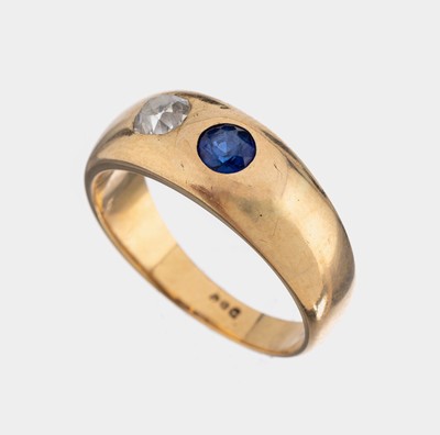 14 kt Gold Diamant-Saphir-Ring, um 1920, GG585/000, 1 Altschliffdiamant ca. 0.20 ct l.get.Weiß/si, 1 rundfacett. Saphir ca. 0.10 ct, RW 54, ca. 5.5 ...