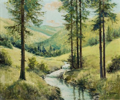Otto Stawi, (eigetlich Ottomar Stawinoga), 1924 Beuthen-1980 Karlsruhe, Schwarzwaldlandschaft, Bachlauf im Tal, rechts unten signiert, Öl/Lwd, 50x60 ...