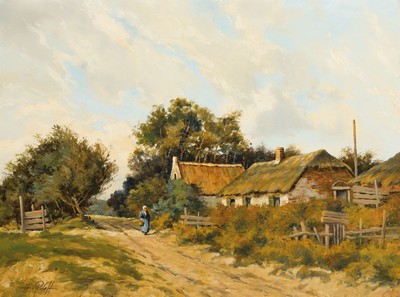 Hans Pfaff, 1939-2019, Bäuerin auf einem Weg an einem Gehöft, Öl/Lwd, links unten sign., ca. 26x35cm, R. ca. 36x44cm