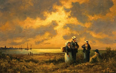 Hans Pfaff, 1939-2019, Menschengruppe in den Dünen bei Sonnenuntergang, Öl/Holz, rechts unten sign., ca. 20x30cm, R. ca. 33x44cm