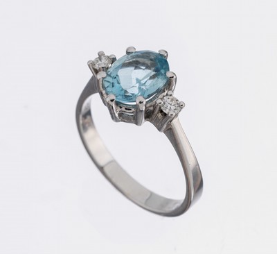 18 kt Gold Aquamarin-Brillant-Ring, WG 750/000, ovalfacett. Aquamarin ca. 1.80 ct, 2 Brillanten zus. ca. 0.10 ct Weiß/si, RW 55, ca. 3.8 g