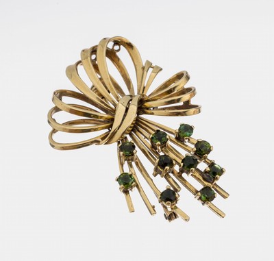 14 kt Gold Turmalin-Brosche, GG 585/000, geschwungene Gestaltung, rundfacett. Turmaline, ca. 4.5 x 3 cm, ca. 10.7 g