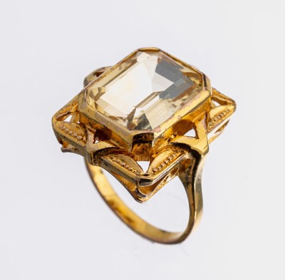 Rauchquarz-Ring, 835er Silber vergoldet, geometrischer Ringkopf, Rauchquarz im Treppenschliff, RW 56