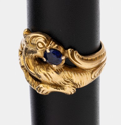 14 kt Gold Saphir-Ring, GG 585/000, Darstellung eines Drachen, ovalfacett. Saphir ca. 0.20 ct, RW 57, ca. 10.1 g