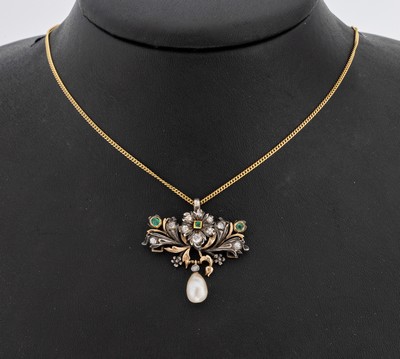 14 kt Gold Diamant-Smaragd-Perl-Anhänger, GG 585/000 gepr., schauseitig Silber, wohl Portugal nach älterem Vorbild, 10 Altschliffdiamanten zus. ...