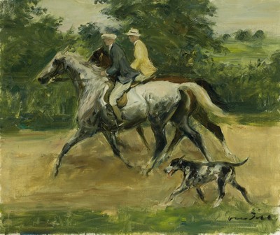 Otto Dill, 1884 Neustadt-1957 Bad Dürkheim, Reiterpaar nebst grauer Dogge, 1940er-Jahre, Öl/Lwd, rechts unten signiert, 50x60 cm, Rahmen 64x74 cm