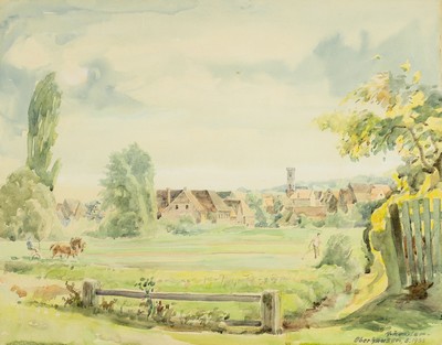 Adolf Kessler, 1890-1974 Godramstein, Aquarell, "Oberhausen", pflügender Bauer vor Stadtsilhouette, signiert und datiert 1953, unter Glas ...
