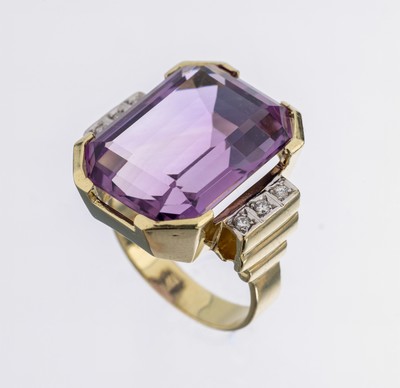 14 kt Gold Amethyst-Brillant-Ring, GG/WG 585/000, qualitätvolle Verarbeitung, Amethyst im Treppenschliff ca. 20.0 ct, 6 in WG gefasste Brillanten ...