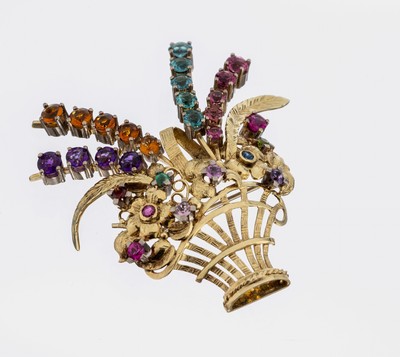 14 kt Gold Farbstein-Brosche, 1950er Jahre, GG 585/000, Darstellung eines Blumenkorbs, 29 rundfacett. Farbsteine, u.a. Citrin, Amethyst und Turmalin ...