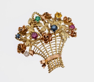 14 kt Gold Brillant-Farbstein-Brosche, 1950er Jahre, GG 585/000, Darstellung eines Blumenkorbs, 1 Brillant ca. 0.15 ct l.get.Weiß/si, 1 rundfacett. ...
