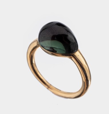 18 kt Gold Turmalin-Ring, GG 750/000, schlichte Gestaltung, tropfenf. Turmalin- Cabochon ca. 5.0 ct, RW 53, ca. 7.8 g