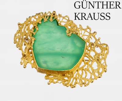 18 kt Gold Achat-Brosche, GG 750/000, Hersteller GÜNTHER KRAUSS, bekannter Goldschmied aus Stuttgart, abstrakte qualitätvolle Verarbeitung, gr. ...