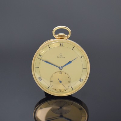 OMEGA wunderschöne Art-Deco Frackuhr in GG 585/000, Schweiz um 1940, streifen-guill. Geh., geometrisch dekoriert, orig. Bügel u. Krone, gold. ...