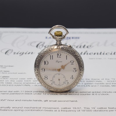 LONGINES Schützenuhr Wohlen 1899 in Silber mit Stammbuchauszug, Schweiz 1899, schweres Relief-Geh., rücks. Schützenmotive von Hughe Niners, ...