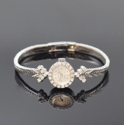 PIERCE Diamant-besetzte Damenarmbanduhr in WG 750/000, Schweiz um 1965, Handaufzug, 2-tlg. Geh., Boden aufgedr., V-förmig anges. WG 750/000 Band, ...