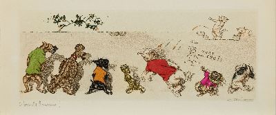 Arthur Boris Klein, 1893-1985, 4 Farbradierungen mit karikierenden Darstellungen von Hunden, betitelt: Eternel Ennemis, Oh Liberté Liberte cherie, ...