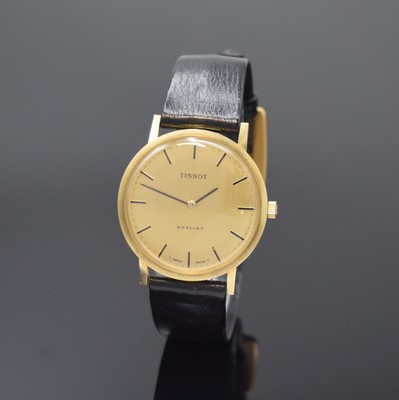 TISSOT Stylist nahezu neuwertige Armbanduhr in GG 585/000, Schweiz um 1970, Handaufzug, 2-tlg. Geh., Boden aufgedr., orig. Lederband m. verg. orig. ...