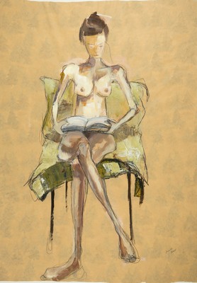 Annika Meier, zeitgenössische Künstlerin, sitzender lesender Akt, Bleistift und Gouache auf Packpapier, rechts unten signiert, ca. 97x69cm, u.Gl., ...