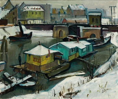 Paul Löffler, 1938-1995 Mannheim, Verschneite Stadtlandschaft mit Hausbooten, Öl/Lwd, rechts unten sign., ca. 69x82cm, R. ca. 80x93cm, dieser besch.
